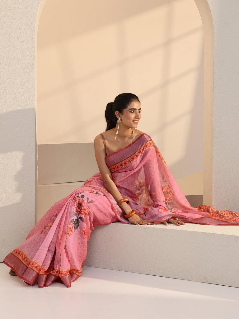 Libas Pink Floral Print Cotton Blend Saree