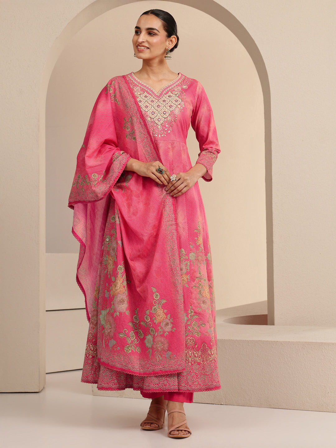  Pink Floral Printed Cotton Anarkali Suit Set 
