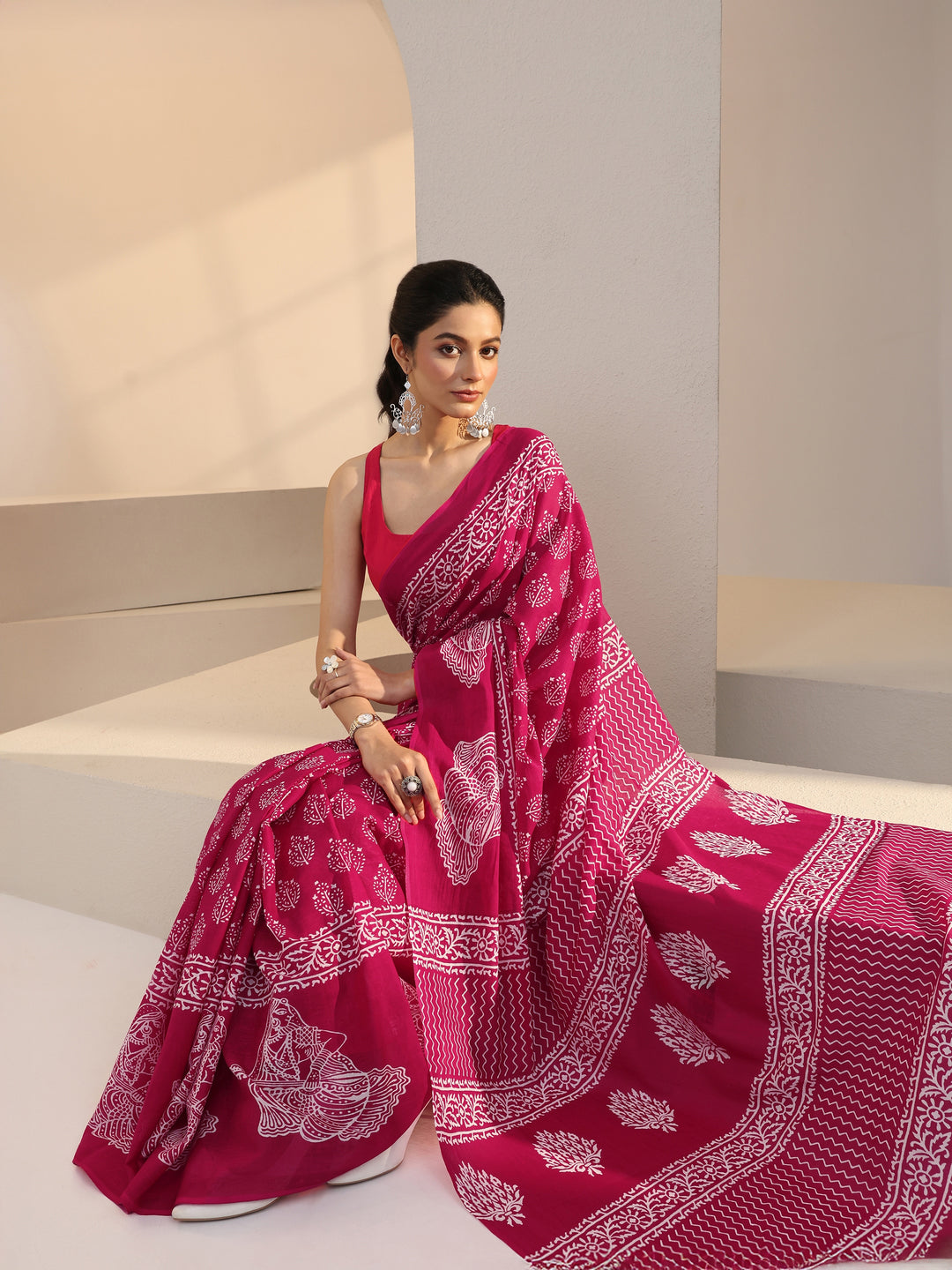  Rose Pink Block Printed Cotton Saree 