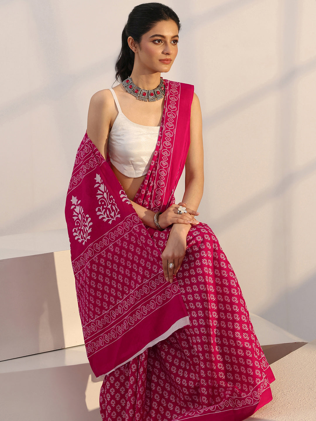  Pink Bagru Printed Cotton Saree 