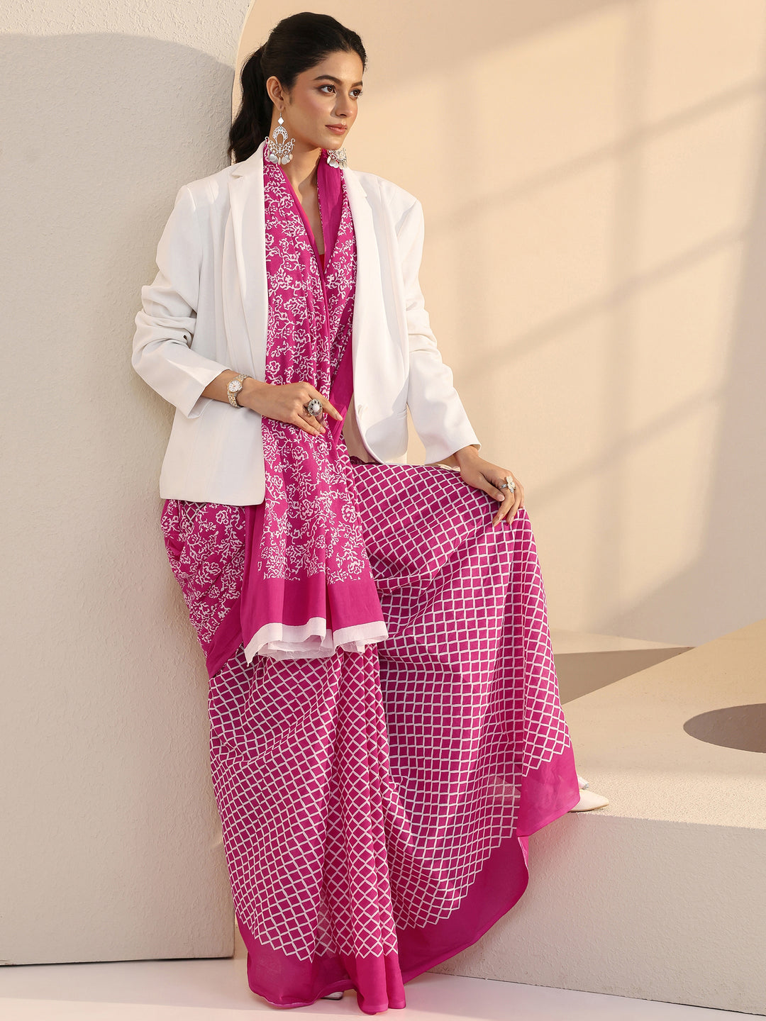  Pink Floral Print Cotton Saree 