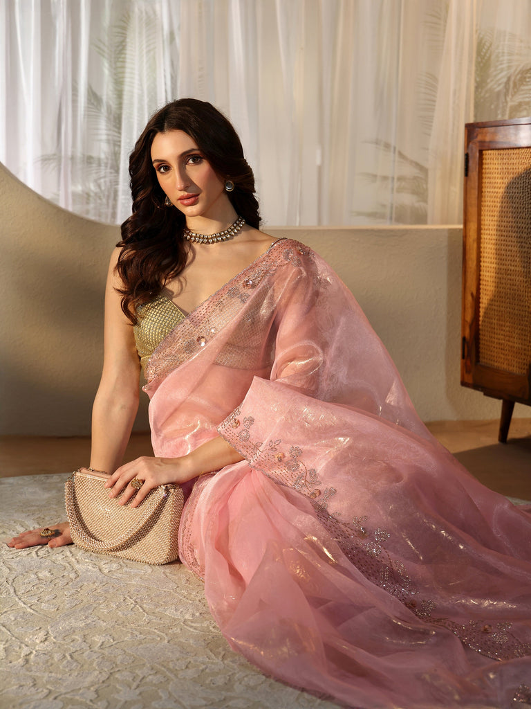 Libas Pink Floral Tissue Saree with Embellished Border