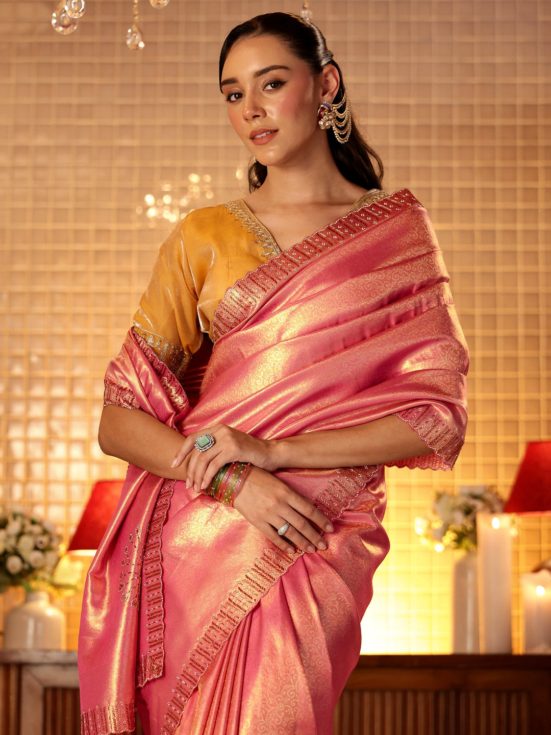  Pink Floral Woven Design Silk Blend Saree 