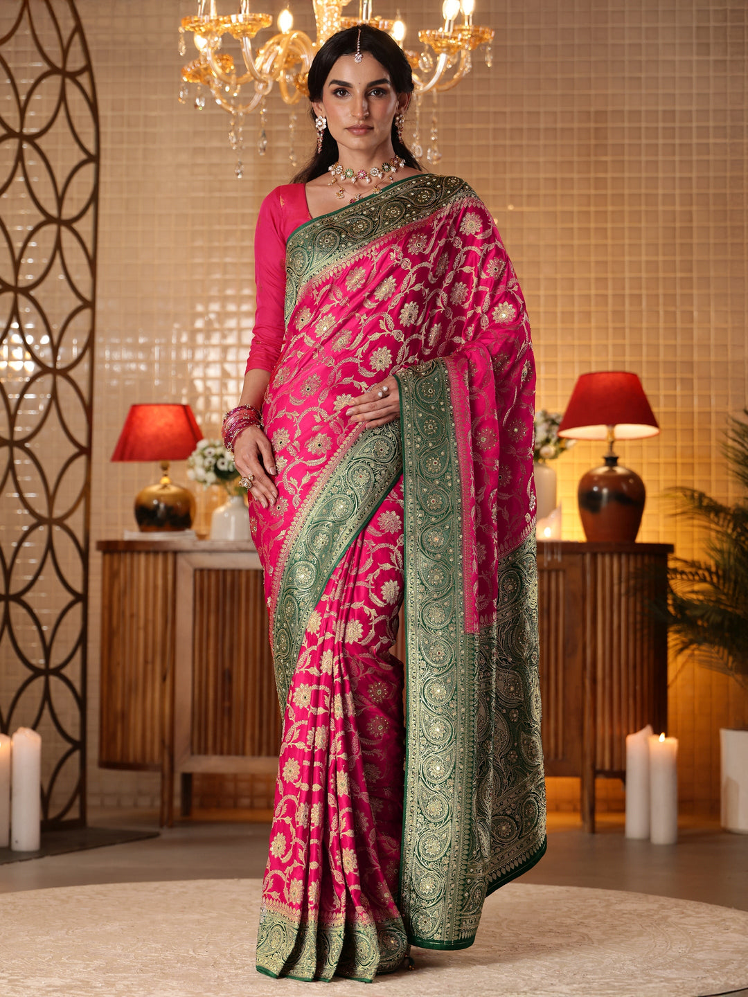  Libas Art Pink Floral Woven Design Silk Blend Saree 