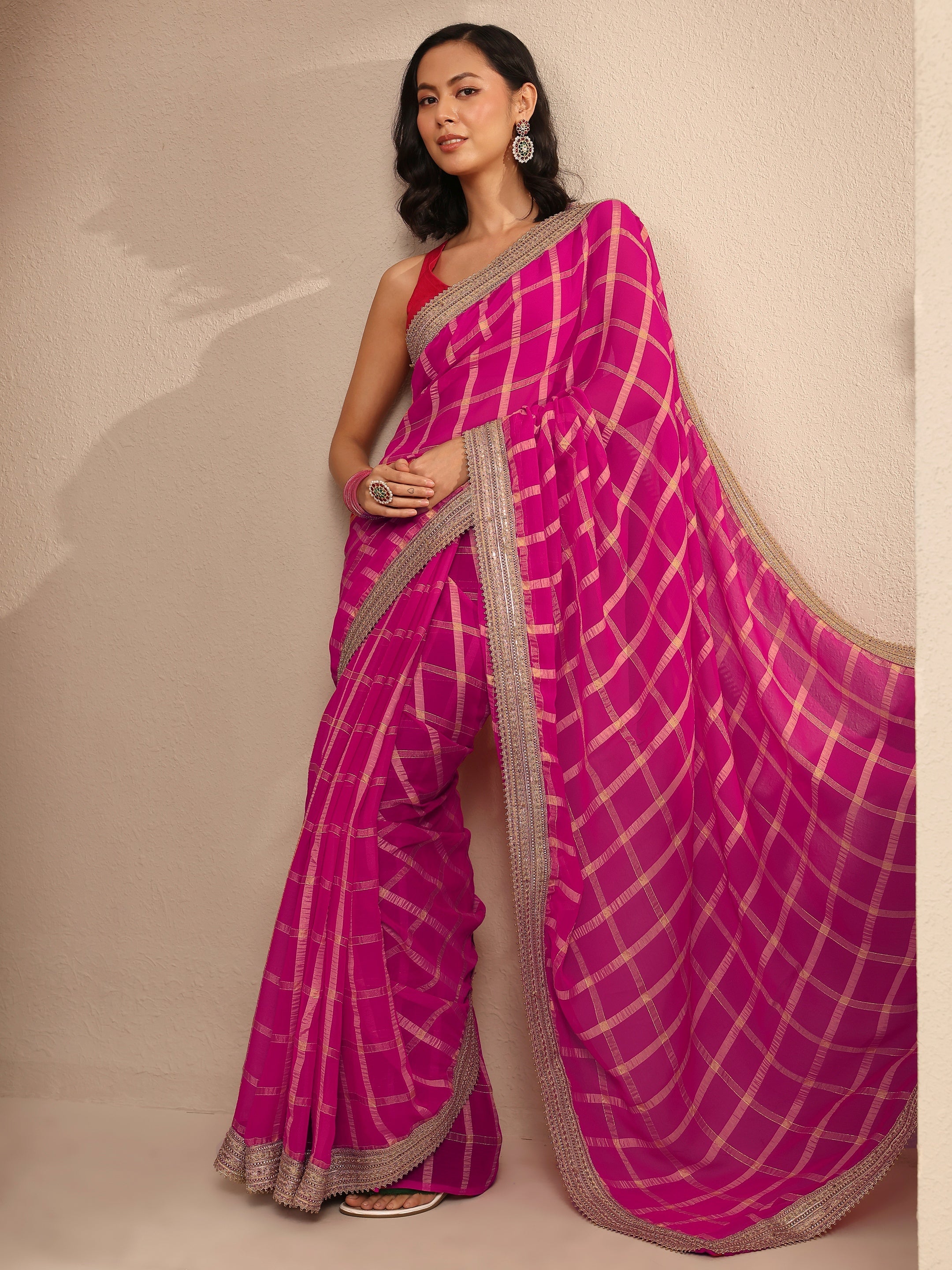 Pink Geometric Woven Design Silk Blend Saree With Unstitched Blouse Piece-image-16
