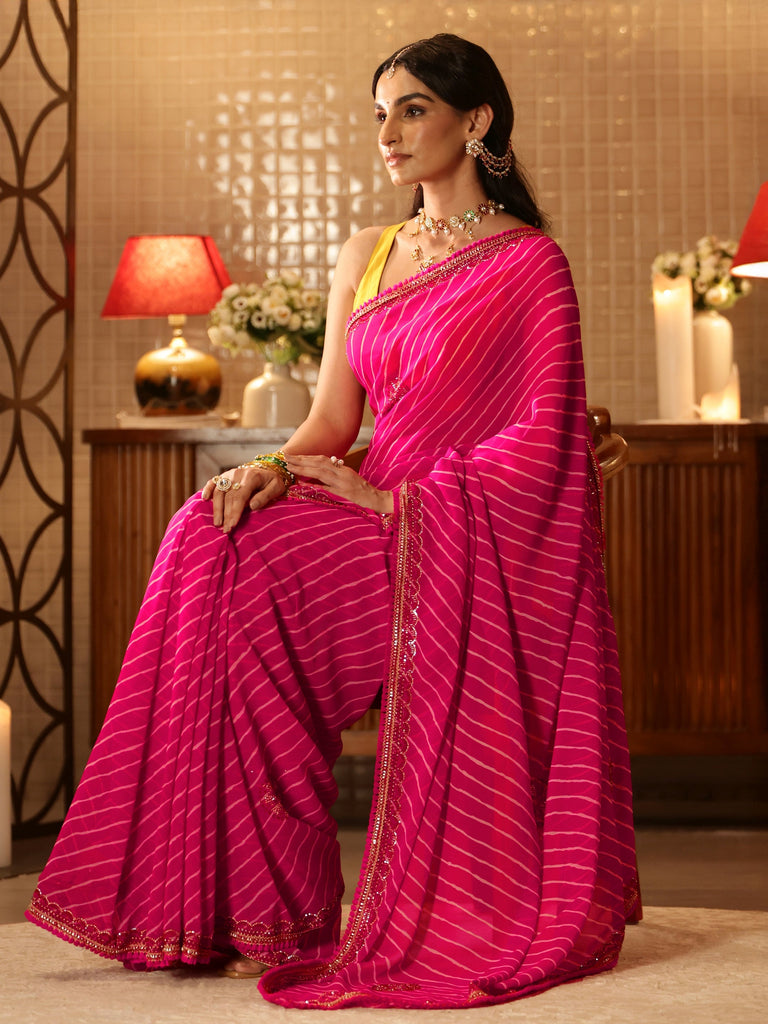 Libas Pink Leheriya Printed Georgette Saree