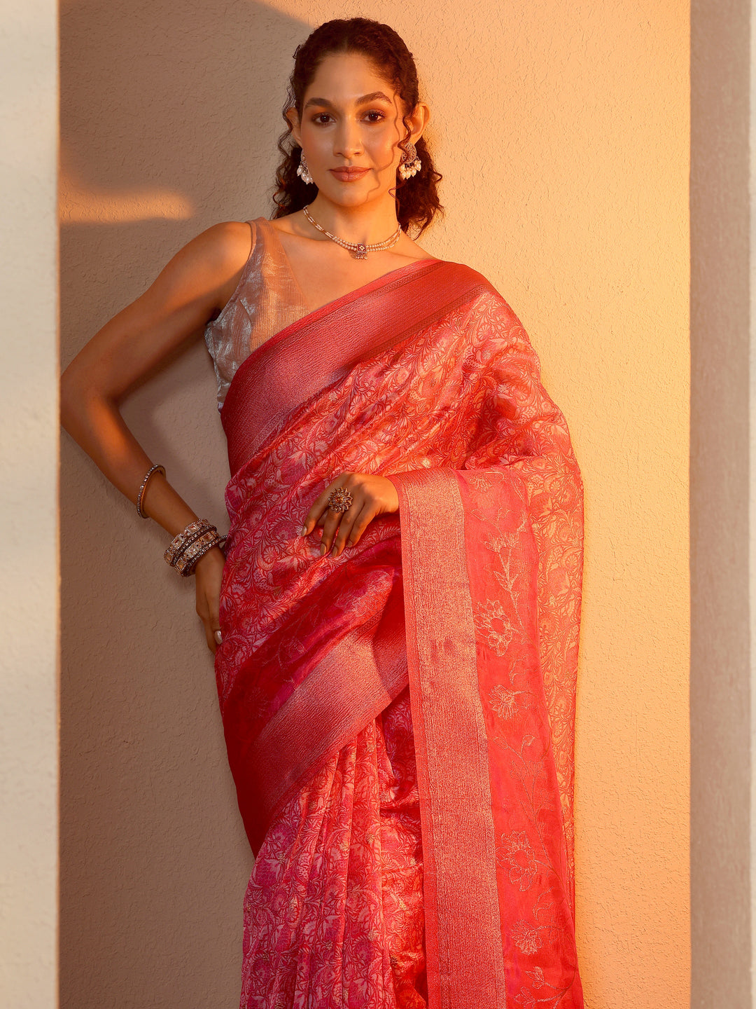Pink Printed Organza Saree With Unstitched Blouse Piece