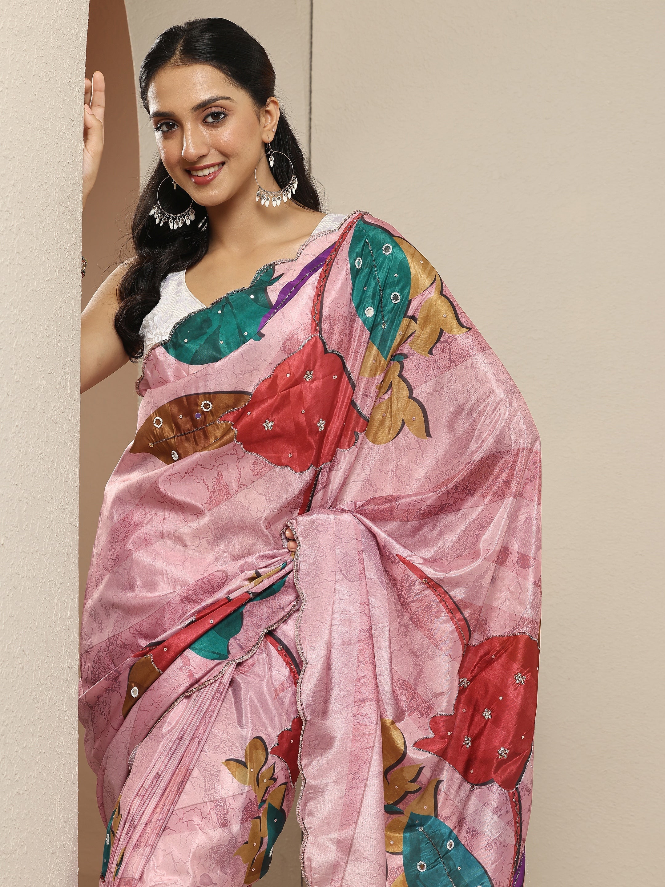 libas Pink Printed Silk Blend Saree With Unstitched Blouse Piece-picture-50