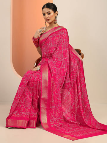 Libas Pink Printed Silk Blend Saree With Unstitched Blouse Piece