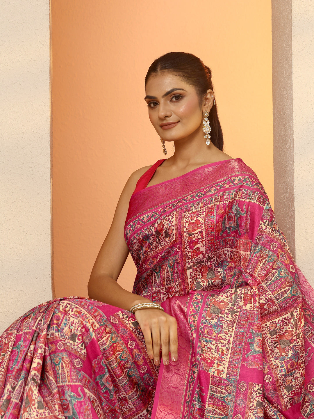 Pink Printed Silk Blend Saree With Unstitched Blouse Piece