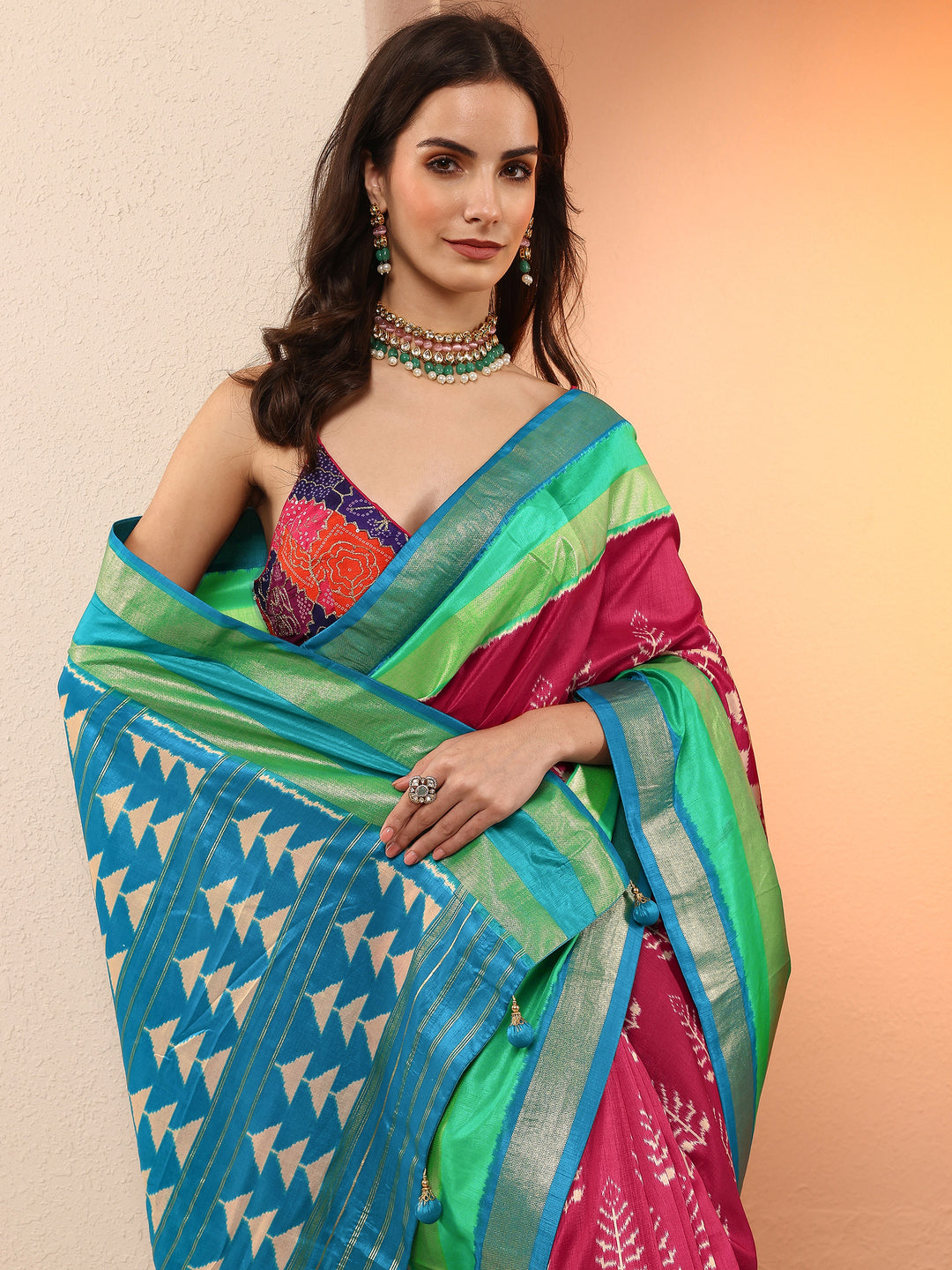 Pink Printed Silk Blend Sarees With Unstitched Blouse Piece