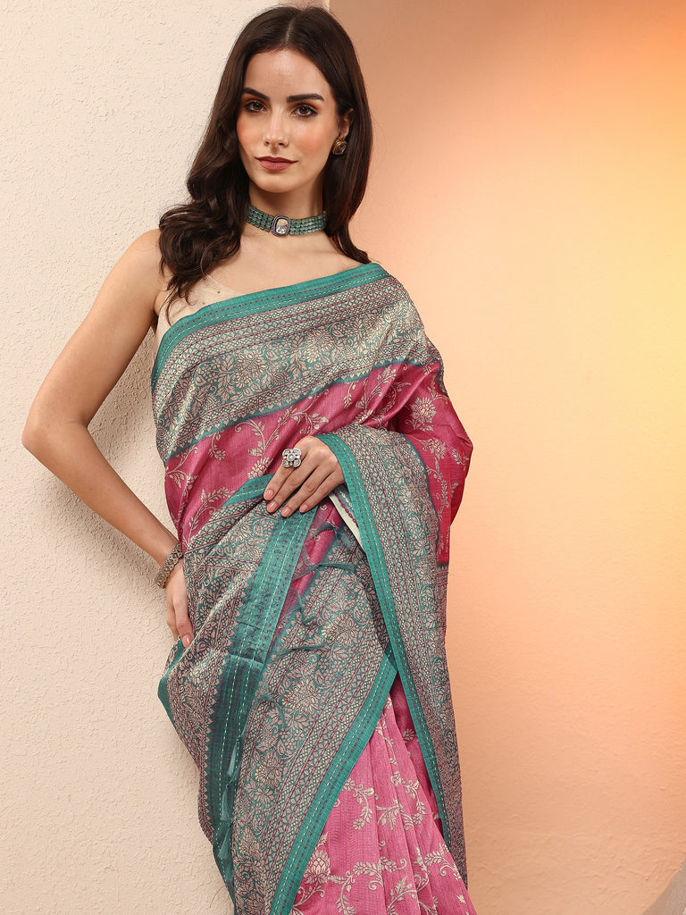 Libas Pink Printed Silk Blend Sarees With Unstitched Blouse Piece