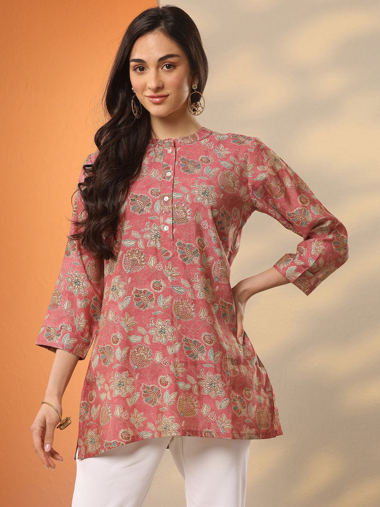 Libas Pink Printed Silk Blend Straight Short Kurti