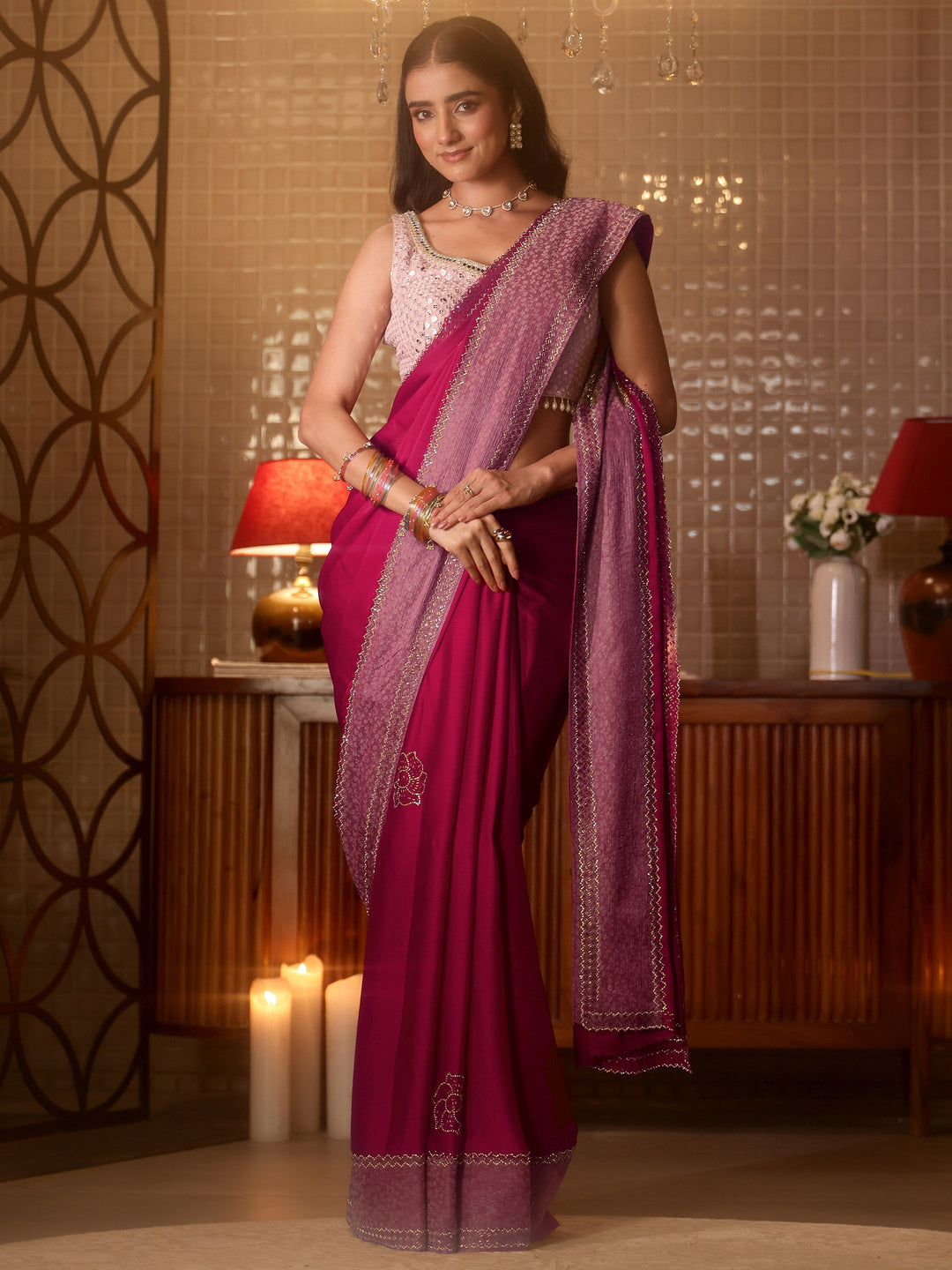  Pink Solid Chiffon Saree 