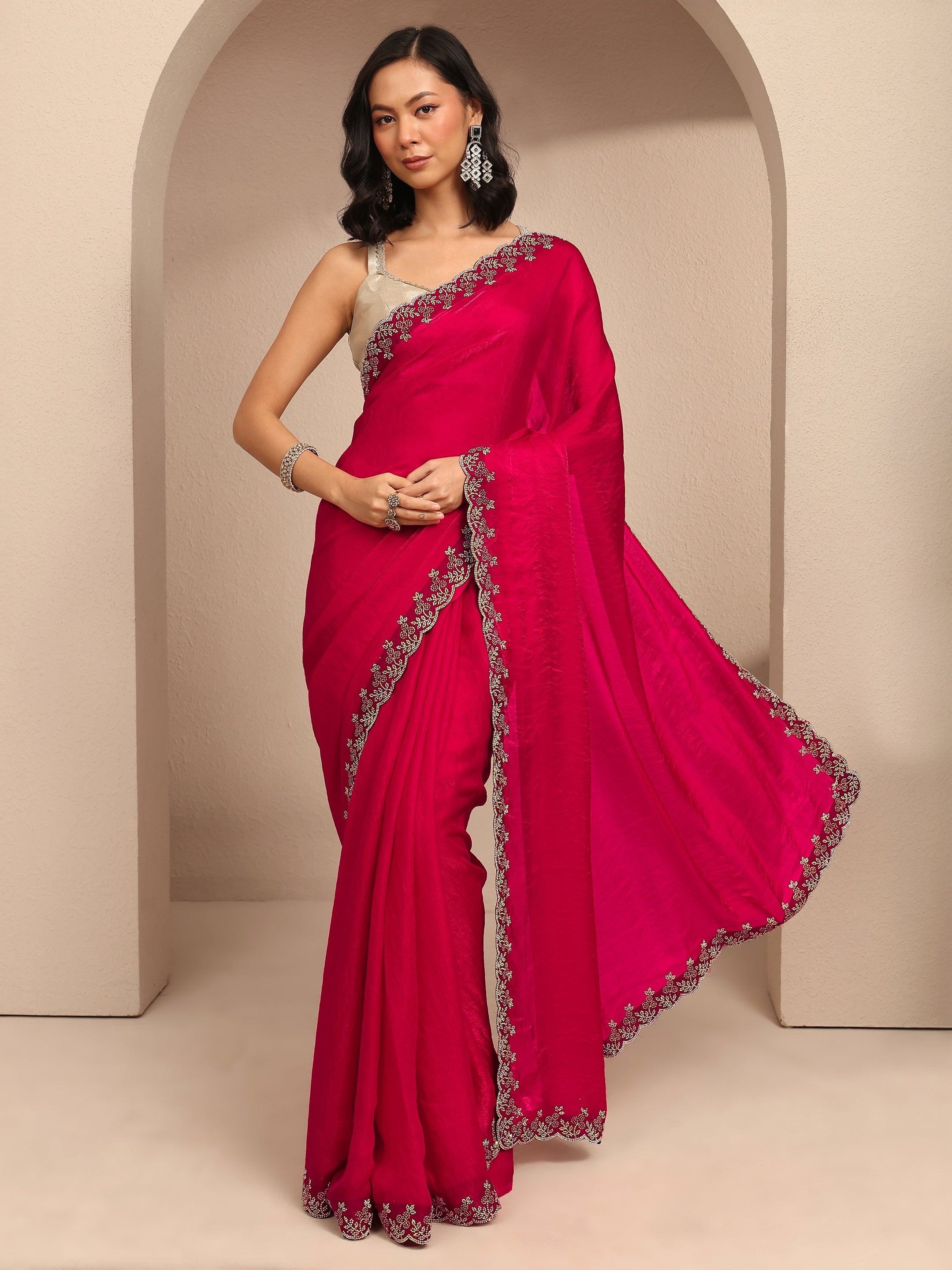 libas Pink Solid Silk Blend Saree With Unstitched Blouse Piece-picture-24