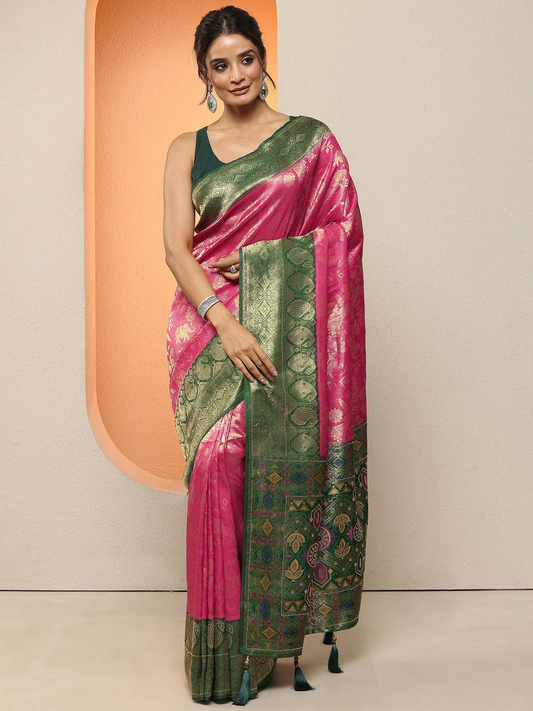 Libas Pink Woven Design Silk Blend Sarees With Unstitched Blouse Piece