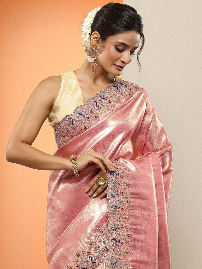 Libas Pink Woven Design Silk Blend Sarees With Unstitched Blouse Piece