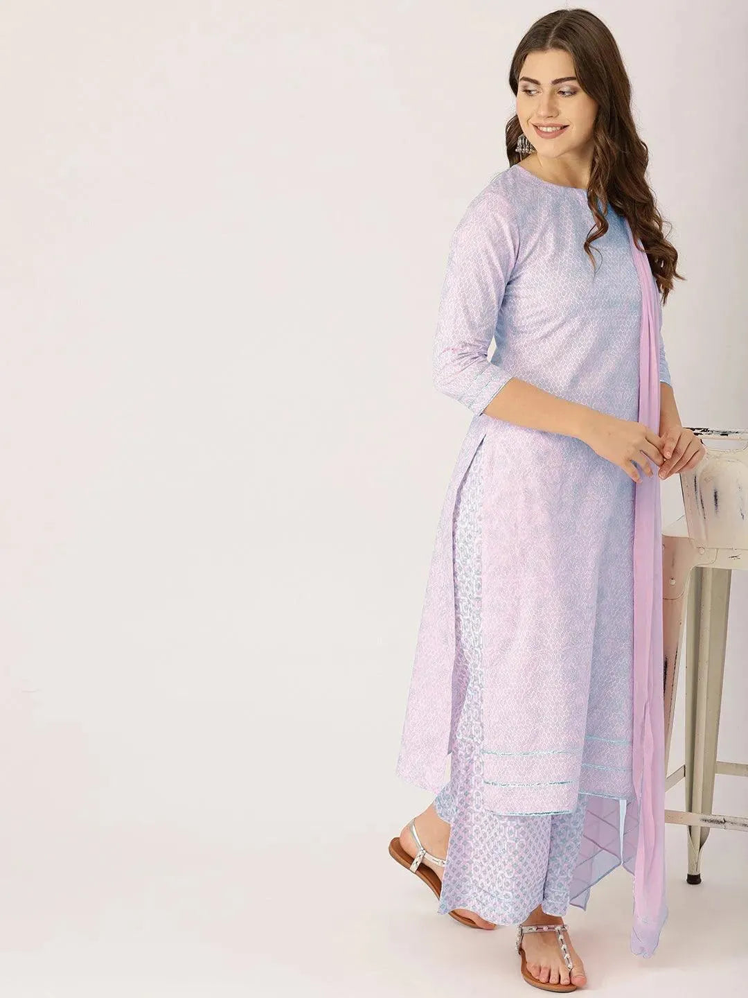  Pink Printed Viscose Rayon Straight Kurta With Palazzos & Dupatta 