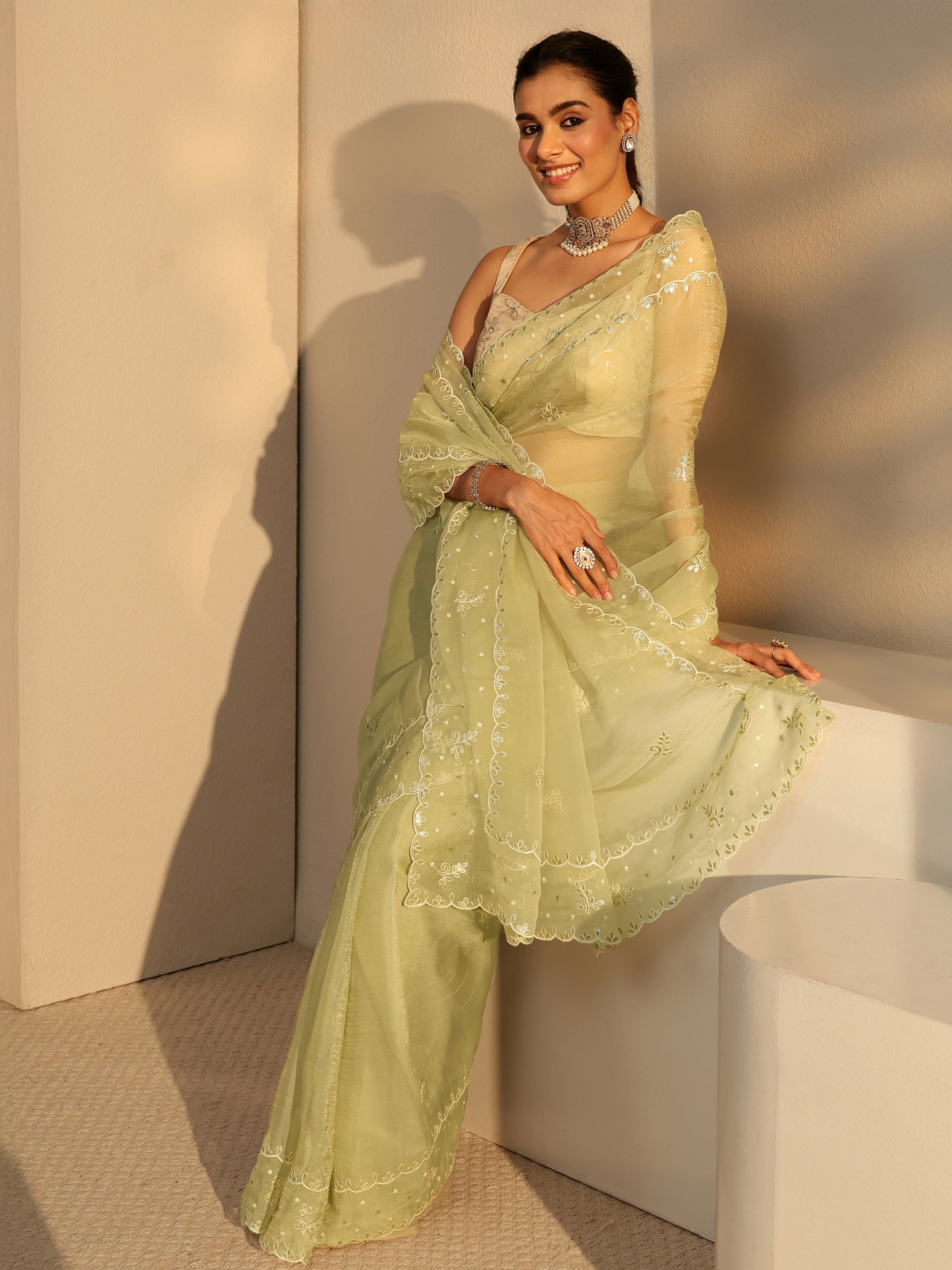 Pista Green Floral Embroidered Tissue Saree-image-47