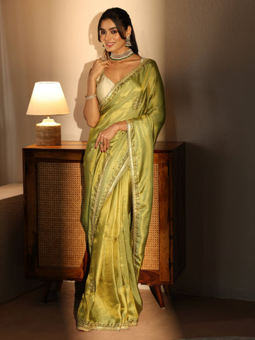Libas Pista Green Embellished Silk Blend Saree
