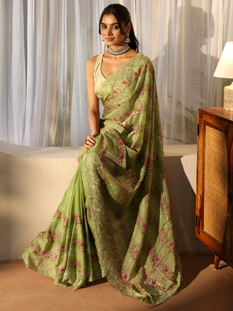 Libas Pista Green Floral Embroidered Tissue Saree
