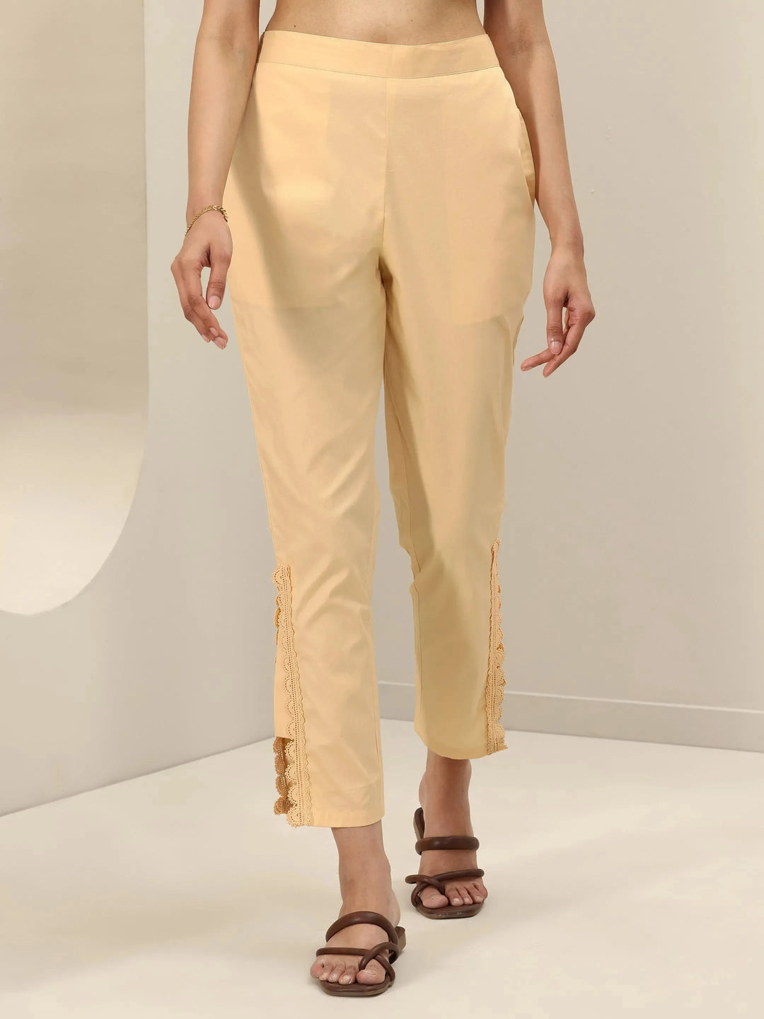 Beige Self Design Cotton Trousers
