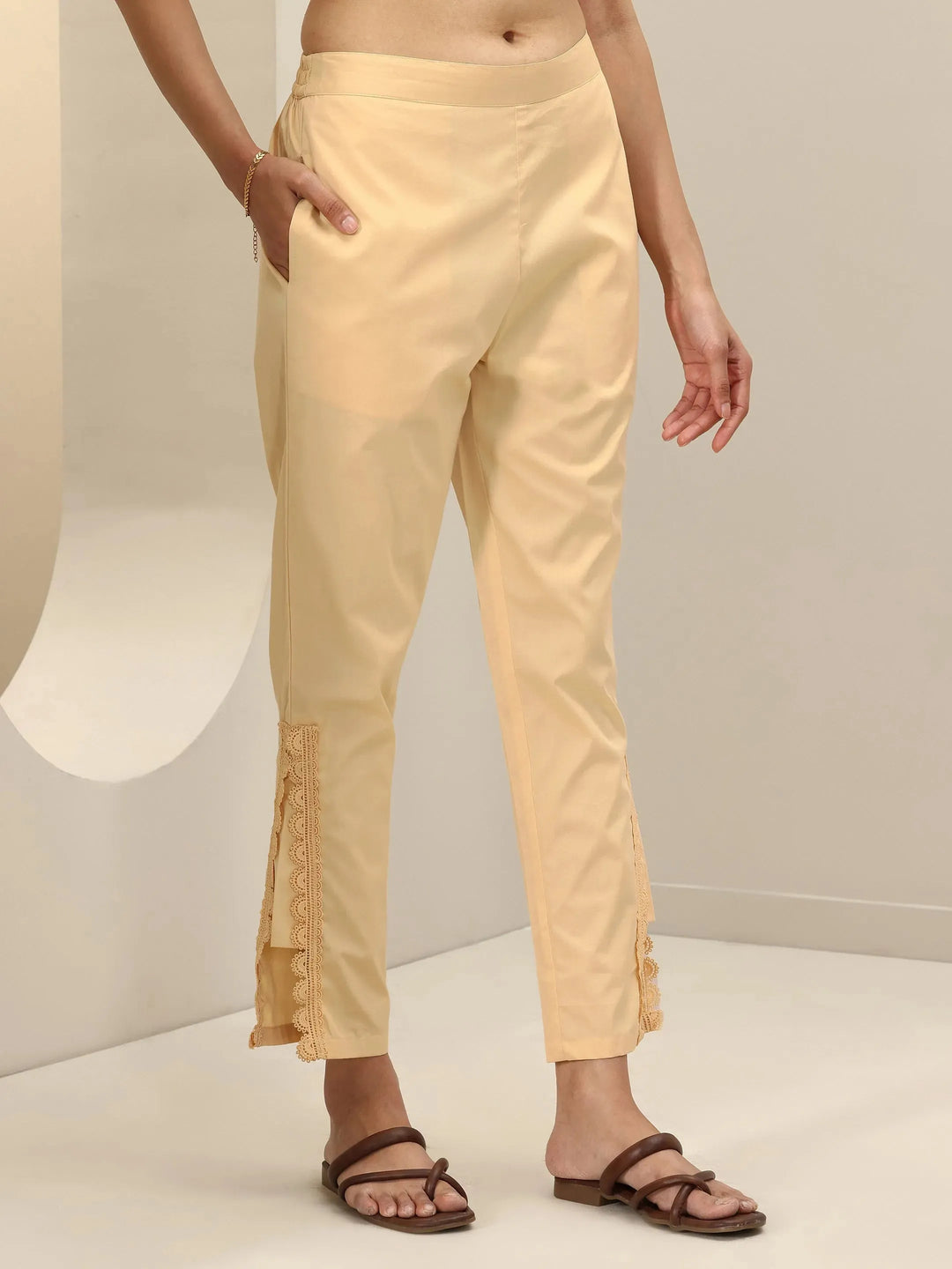  Beige Self Design Cotton Trousers 