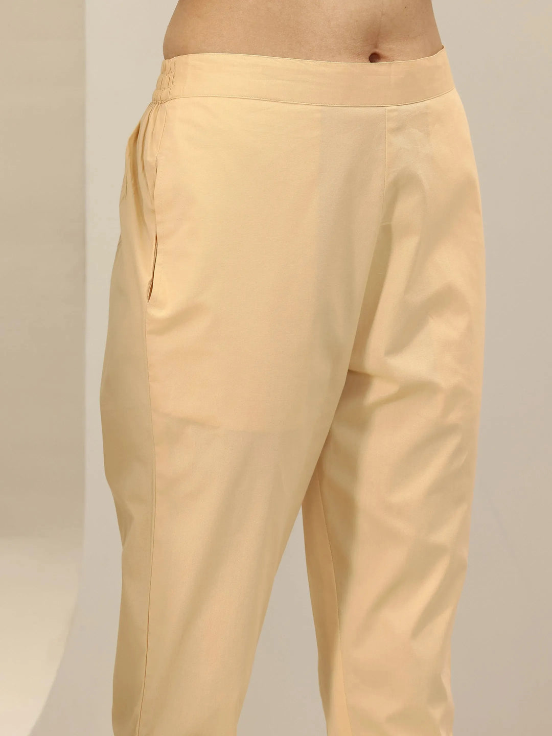  Beige Self Design Cotton Trousers 