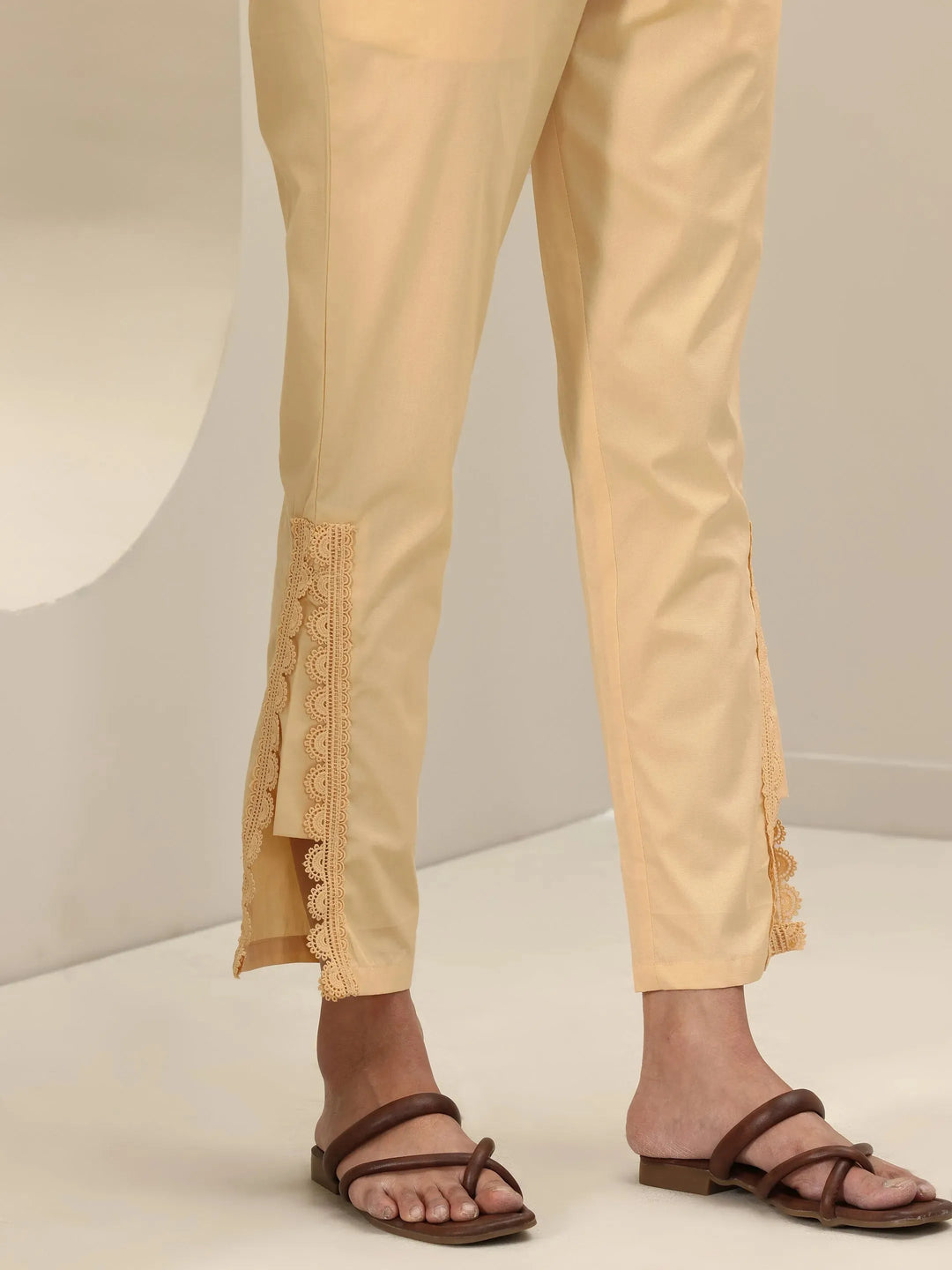  Beige Self Design Cotton Trousers 