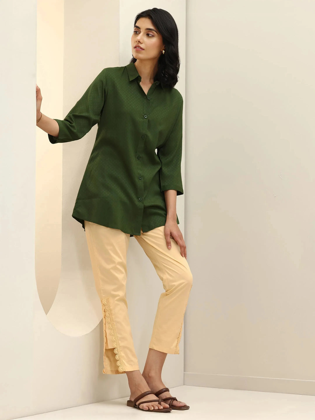  Beige Self Design Cotton Trousers 
