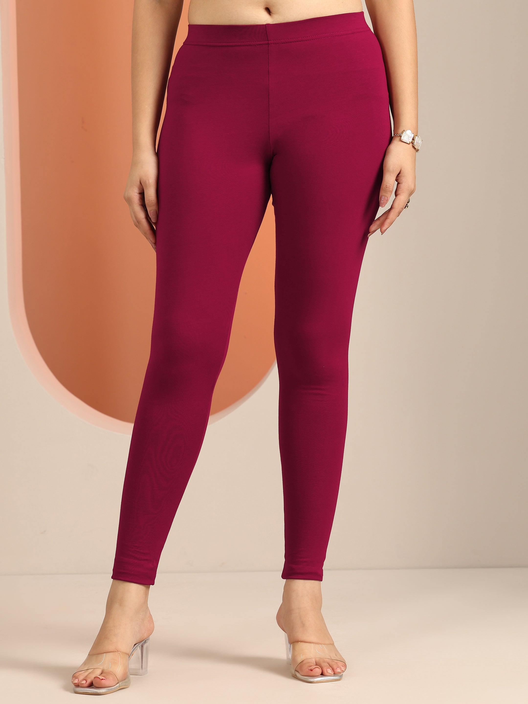 libas Maroon Solid Cotton Blend Leggings-picture-26