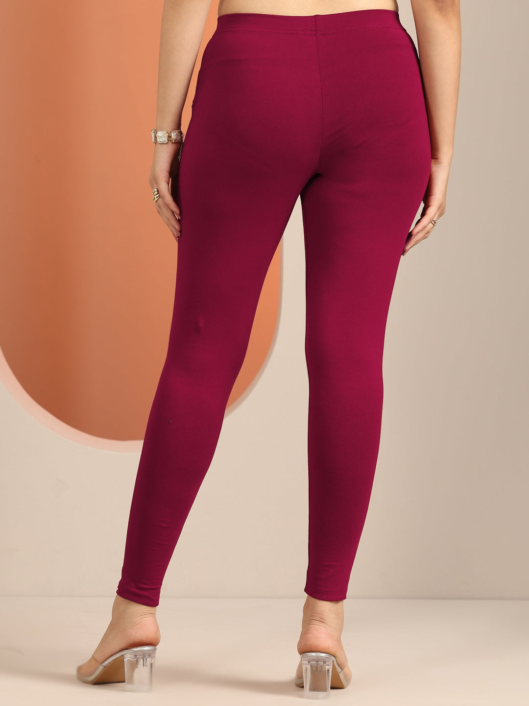 Maroon Solid Cotton Blend Leggings 