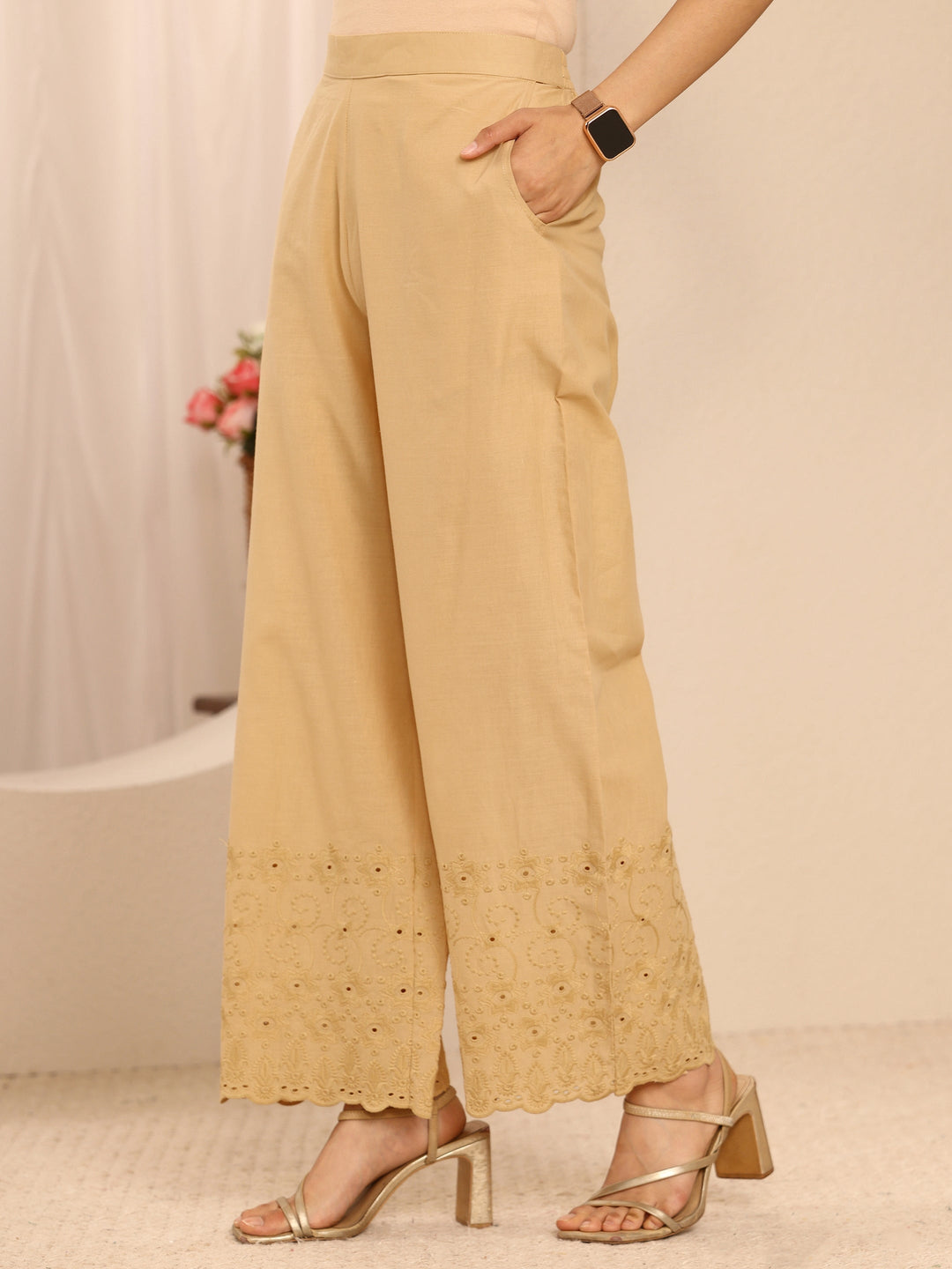  Beige Embroidered Cotton Palazzos 