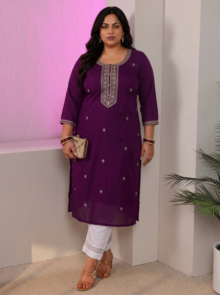 Plus Size Aubergine Purple Floral Embroidered Silk Blend Straight Kurta