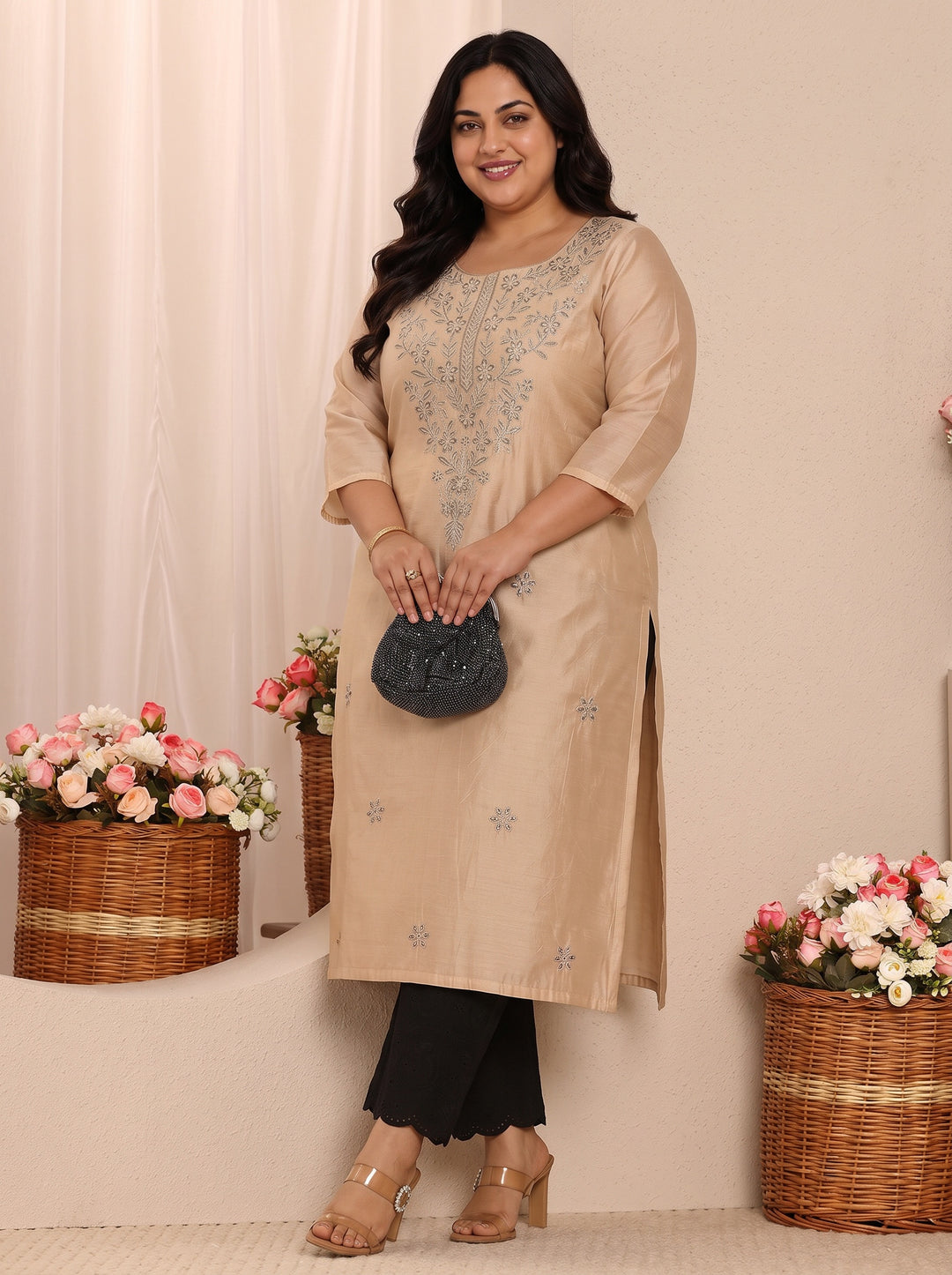  Plus Size Beige Floral Embroidered Chanderi Silk Straight Kurta 