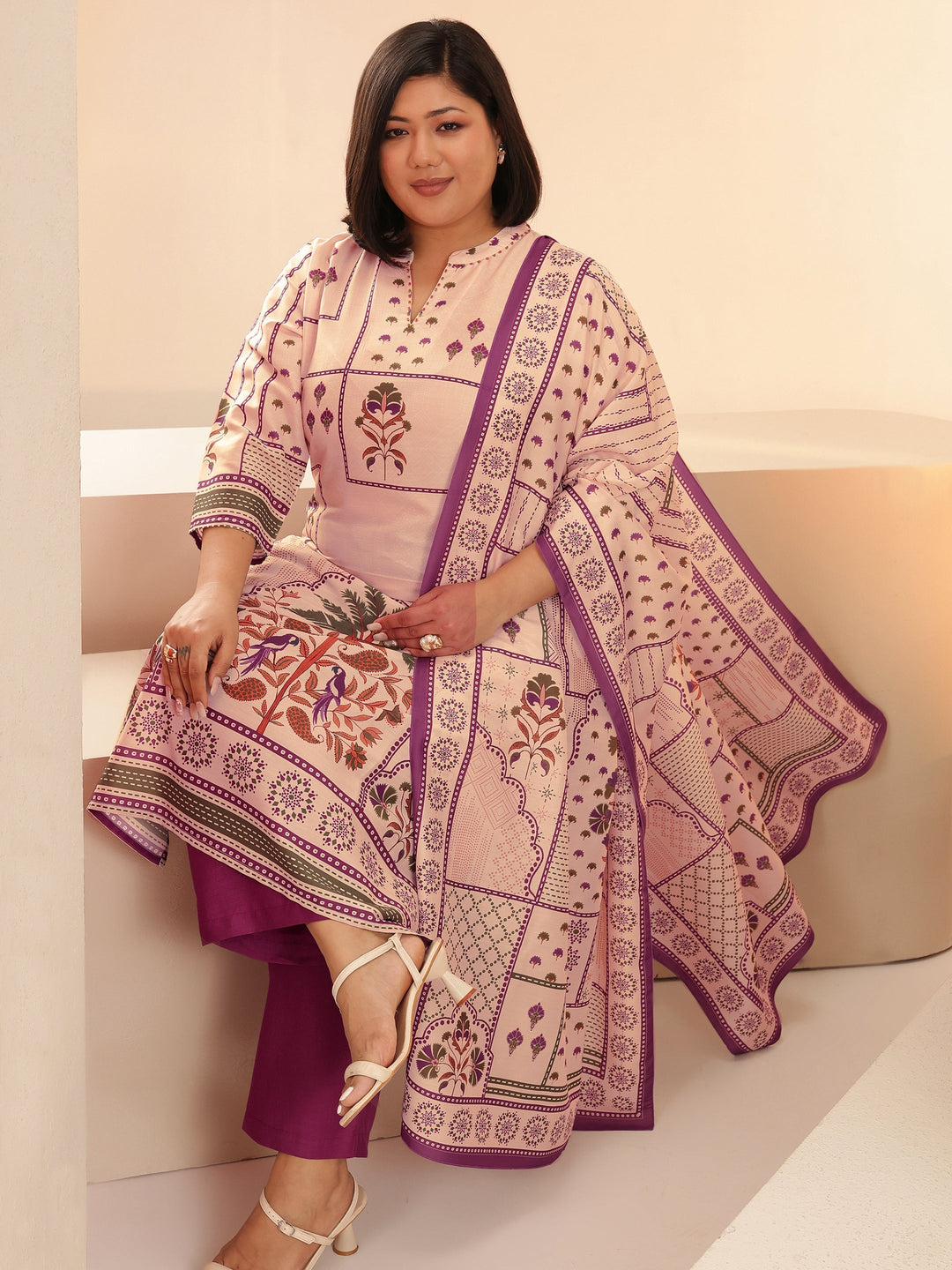  Plus Size Beige Mughal Floral Printed Muslin Straight Suit Set 