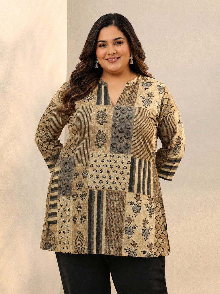 Plus Size Beige Multi Printed Silk Blend Straight Short Kurti