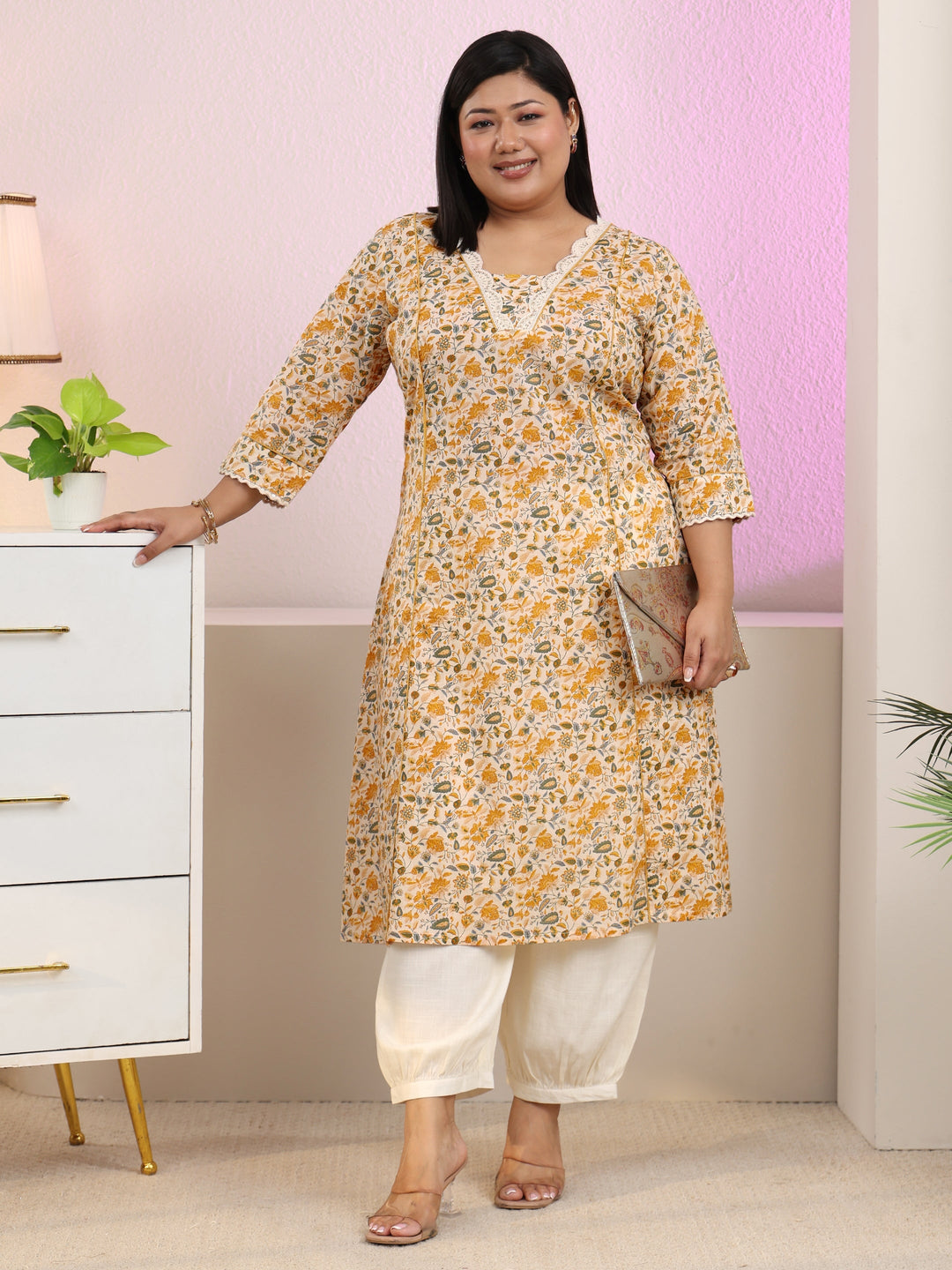  Plus Size Beige floral printed panelled a-line kurta with pocket 