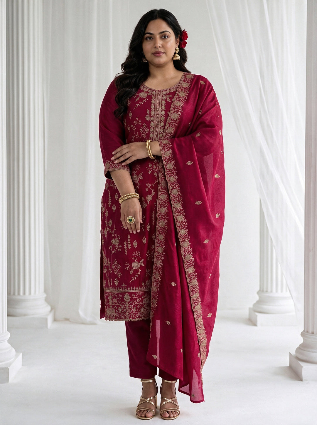 Plus Size Berry Pink Floral Embroidered Silk Blend Straight Suit Set