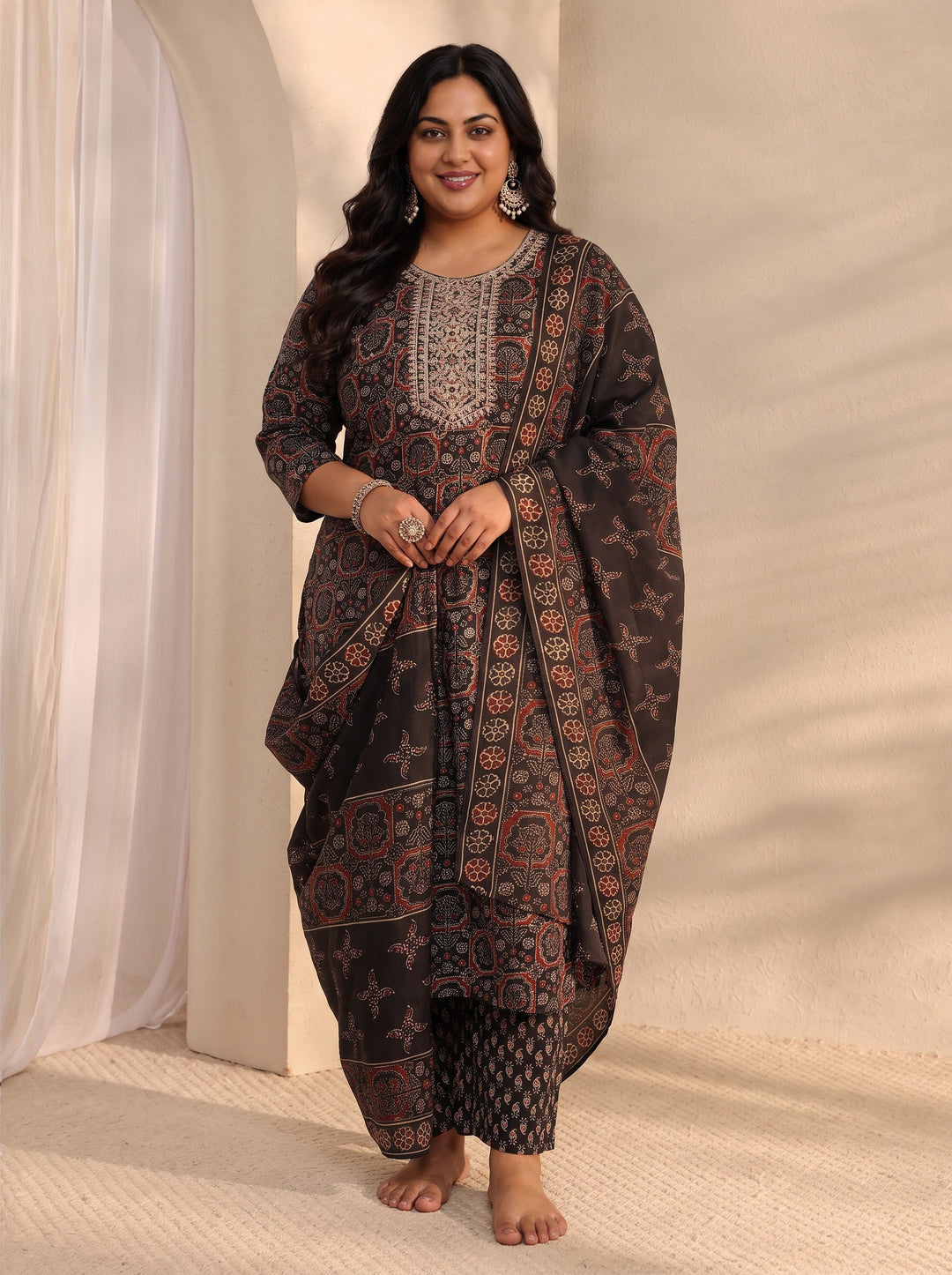 Plus Size Black Ajrak Printed Cotton Blend Straight Suit Set With Dupatta