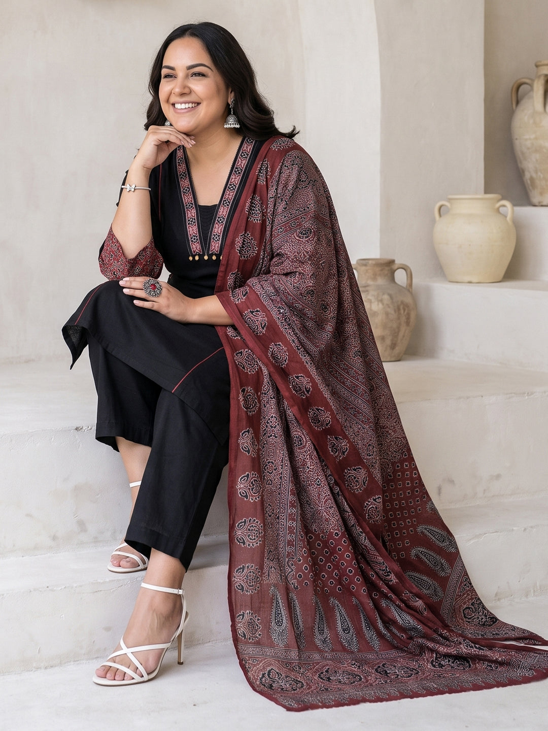  Plus Size Black Ajrakh Printed Cotton Straight Suit Set 