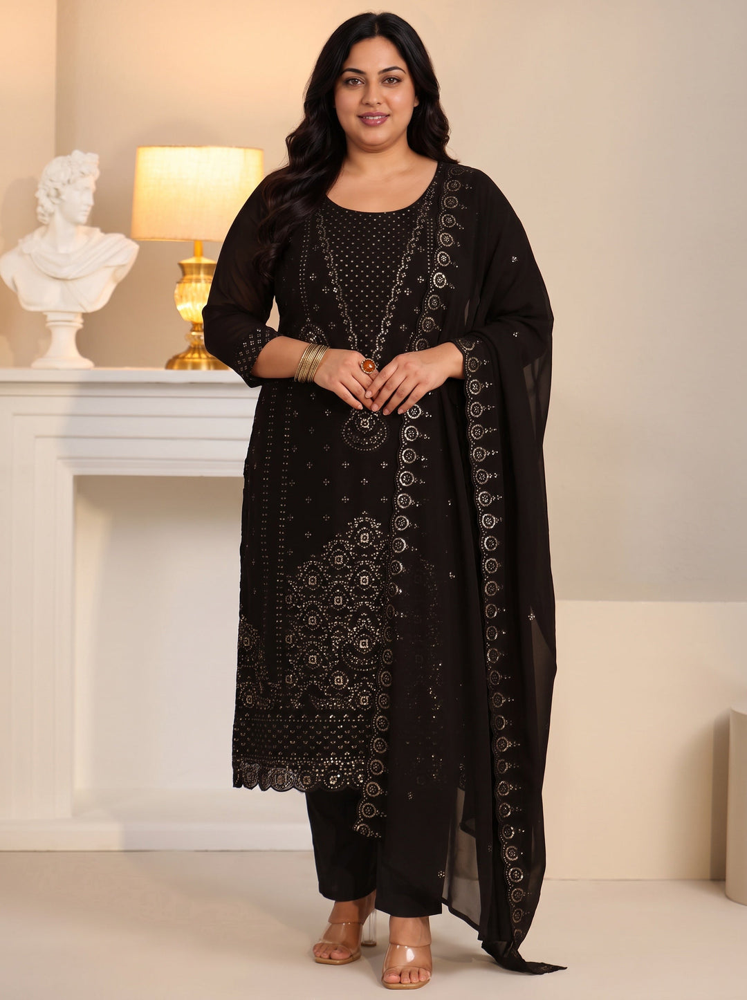  Plus Size Black Embroidered Georgette Straight Suit Set 