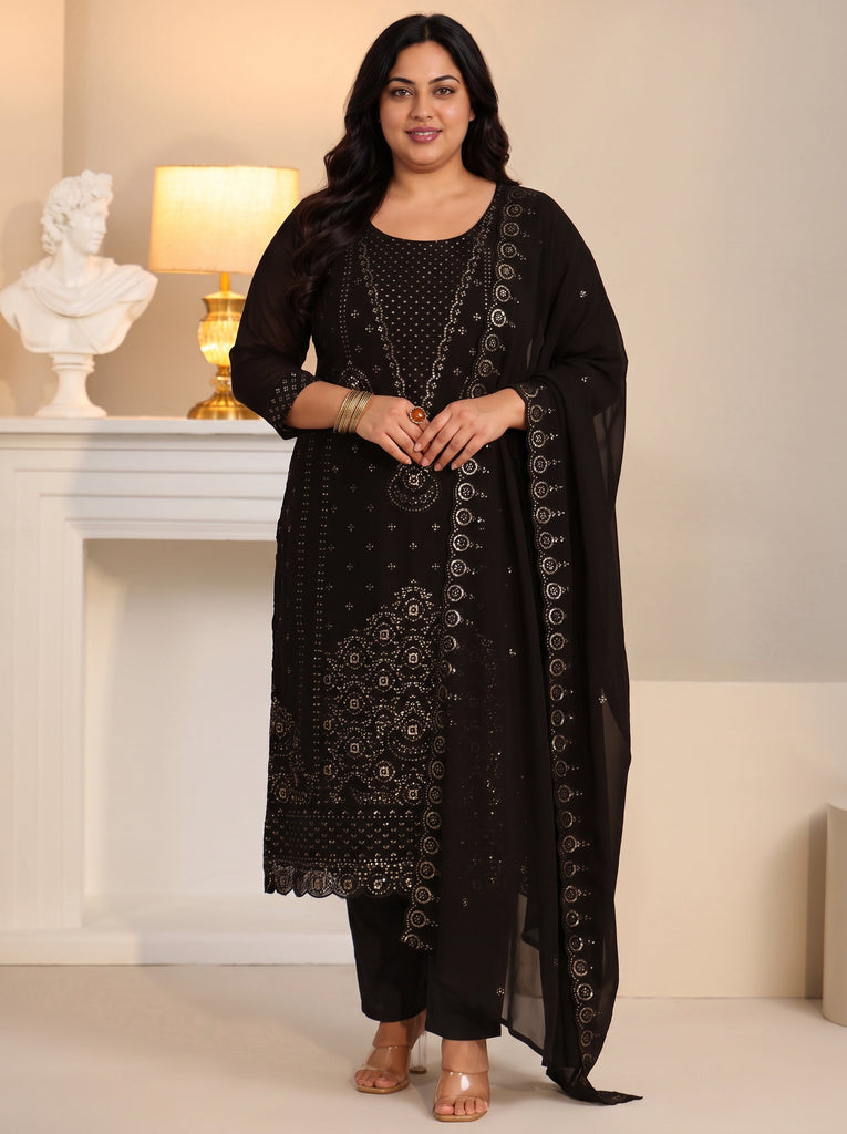 Plus Size Black Embroidered Georgette Straight Suit Set