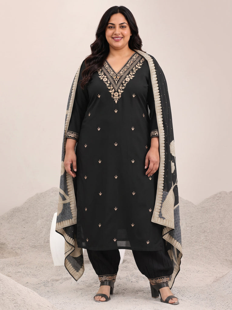Plus Size Black Embroidered Rayon Straight Suit With Dupatta
