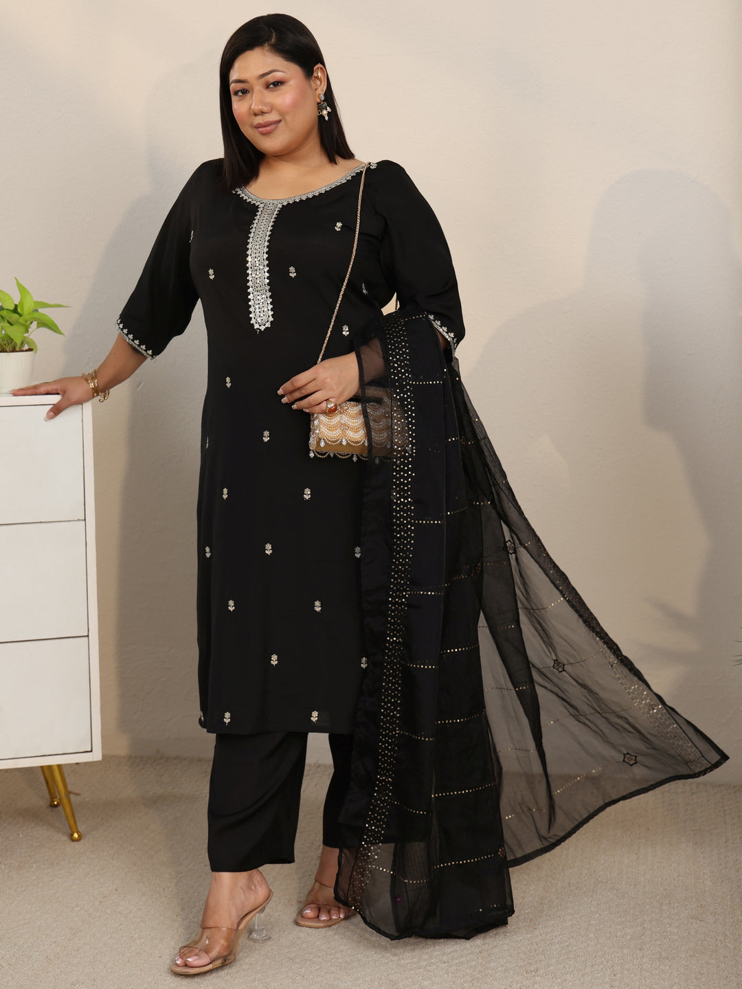  Plus Size Black Embroidered Silk Blend Straight Suit Set With Dupatta 