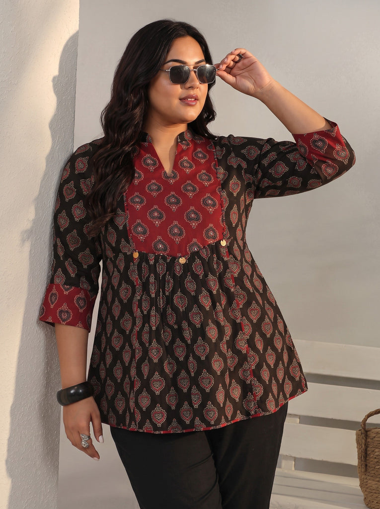 Plus Size Black Ethnic Printed Cotton A-Line Short Kurti