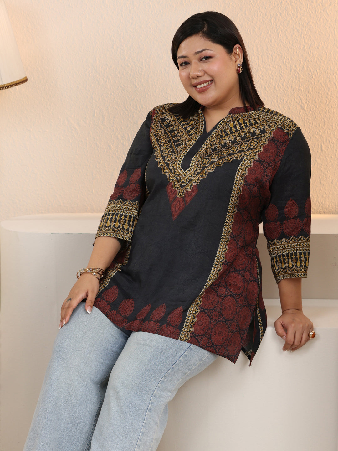  Plus Size Black Ethnic Printed Silk Blend Straight Short Kurti 