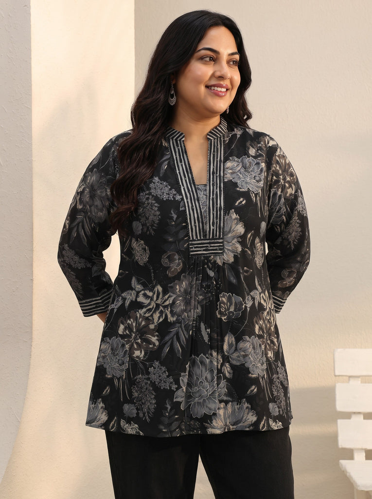 Plus Size Black Floral Printed Silk Blend Straight Short Kurti