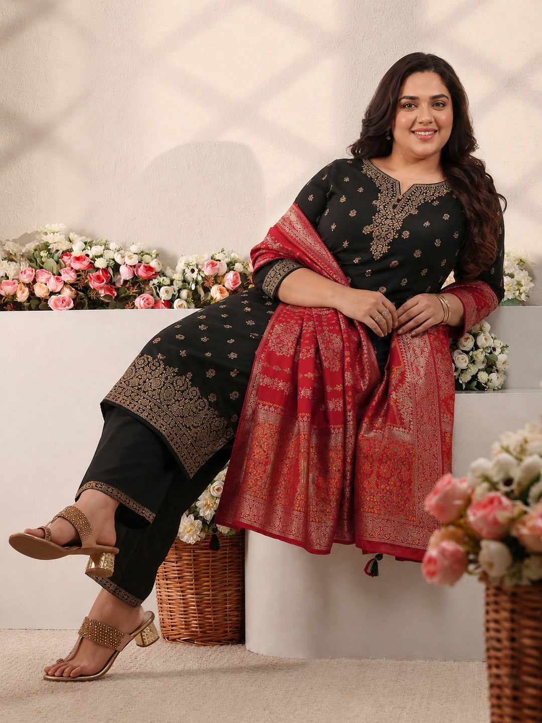 libas Plus Size Black Floral Woven Design Silk Blend Straight Suit Set With Dupatta-picture-34
