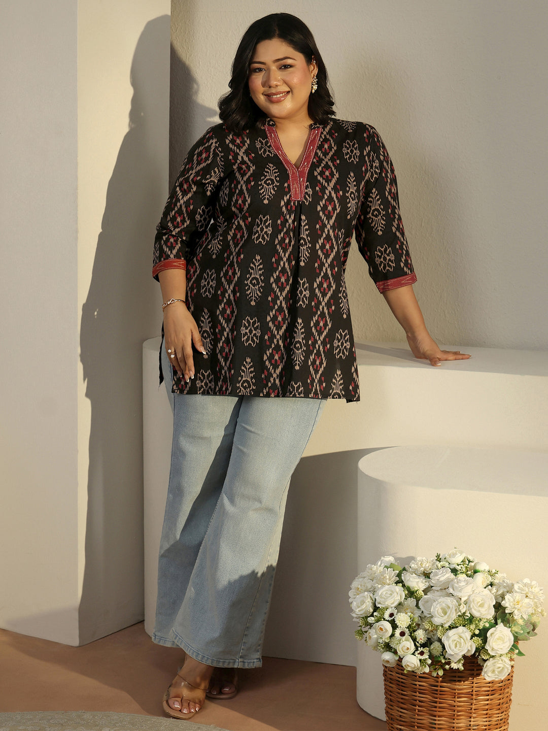  Plus Size Black Printed Cotton Short Kurti 